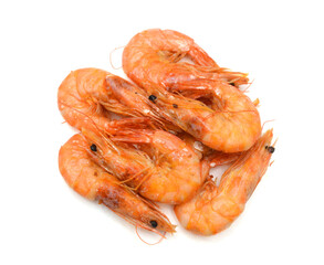 Stack cooked unshelled tiger shrimps isolated on white