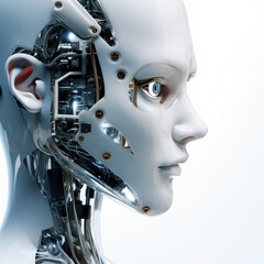 Fototapeta premium beautiful modern girl robot, cyborg, white background, neon, future, science fiction, portrait, face, high technology, metal, device, android, microcircuit, wires, electric, eyes, virtual reality