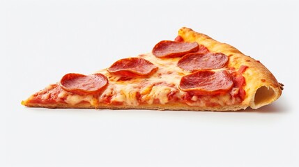 A pepperoni pizza slice with an emphasis on the shiny, oily surface of the pepperoni