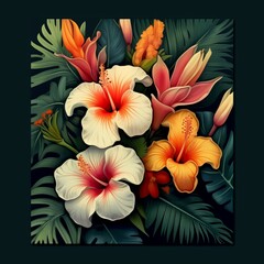 tropical flowers on dark background , generated by AI