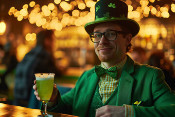 St. Patrick's Day party fun wearing man in a green suit and hat in bar interior.