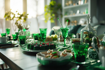 Table served for St. Patrick's Day with different food and drinks, food styling and decoration.