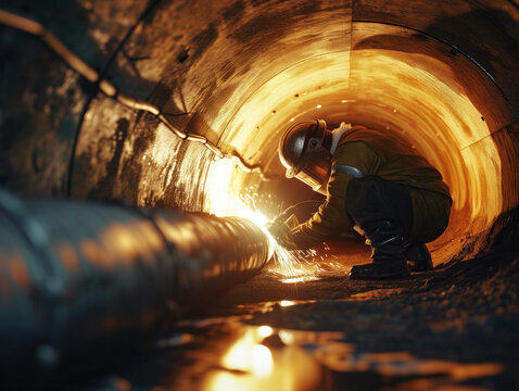 An image portraying a welder working inside a pipe for the construction of the NLG Natural Gas and Fuels Transport Pipeline, symbolizing clean and green power and energy in heavy industry.
