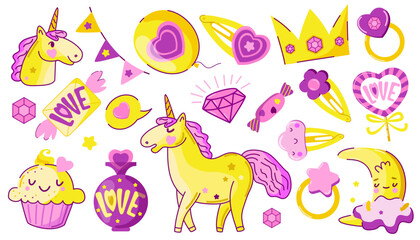 set cute Unicorns and pink and gold princess accessories vector illustration. children's illustrations for birthdays, invitations, baby shower cards.