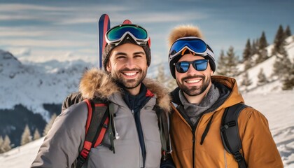 Gay couple going on a winter holiday - obrazy, fototapety, plakaty