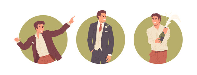 Isolated composition set of round avatar with happy man cartoon character celebrating stag-party