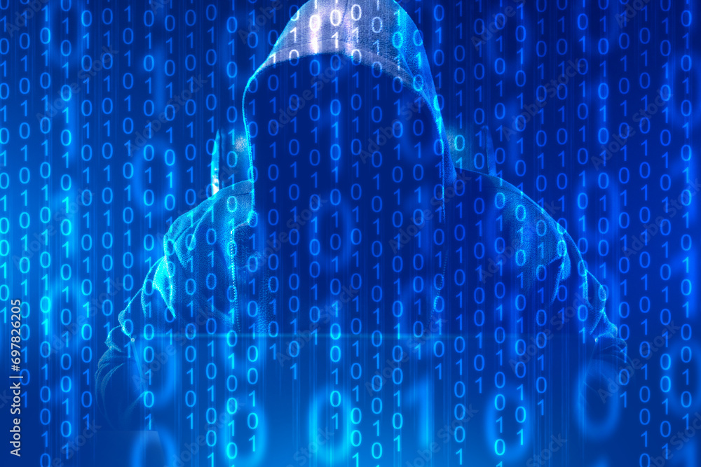 Poster silhouette of hacker in hood. background with binary code. cyber criminal. hacker writing malicious 