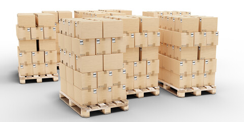 Pallets with cardboard boxes. Warehouse for courier parcels. Euro pallets are ready for...