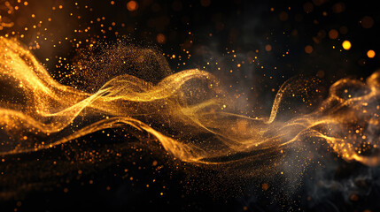 Waves of gold sand and gold particles on a black background - obrazy, fototapety, plakaty