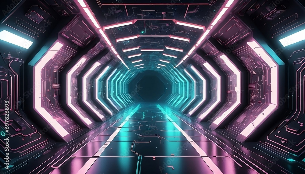 Aufkleber futuristic blue and purple tunnel with glowing lights 3d rendering, futuristic metaverse tunnel with