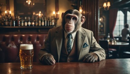  a man in a suit and tie sitting at a table with a glass of beer in front of him and a monkey wearing a suit and tie on the table.