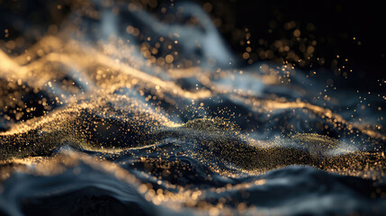 Waves of gold sand and gold particles on a black background