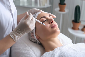 Obraz na płótnie Canvas Cosmetic surgeon gives Botox, a rejuvenating injection in the face to maintain the beauty of an aging woman