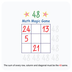 Magic math game. (Magic square)  Recreational mathematics and educational series vector illustration.