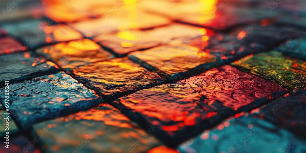 Poster Close-up view of a vibrant and colorful tile floor. Perfect for adding a pop of color and pattern to any design project