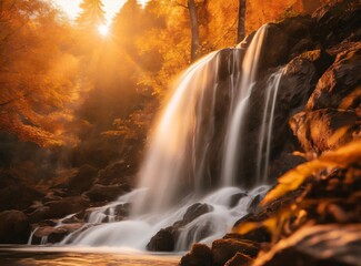 Waterfall on fall/autumn season, yellow and orange leaves forest background