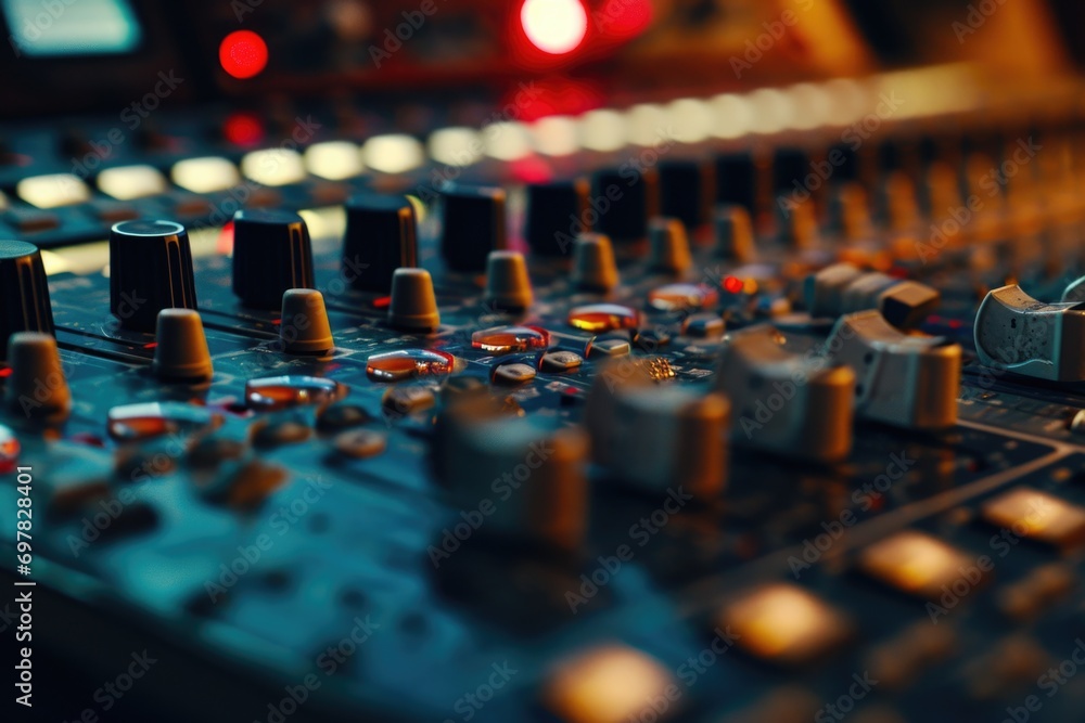 Poster A detailed close-up view of a sound board in a recording studio. This image can be used to showcase the technology and equipment used in the music production process