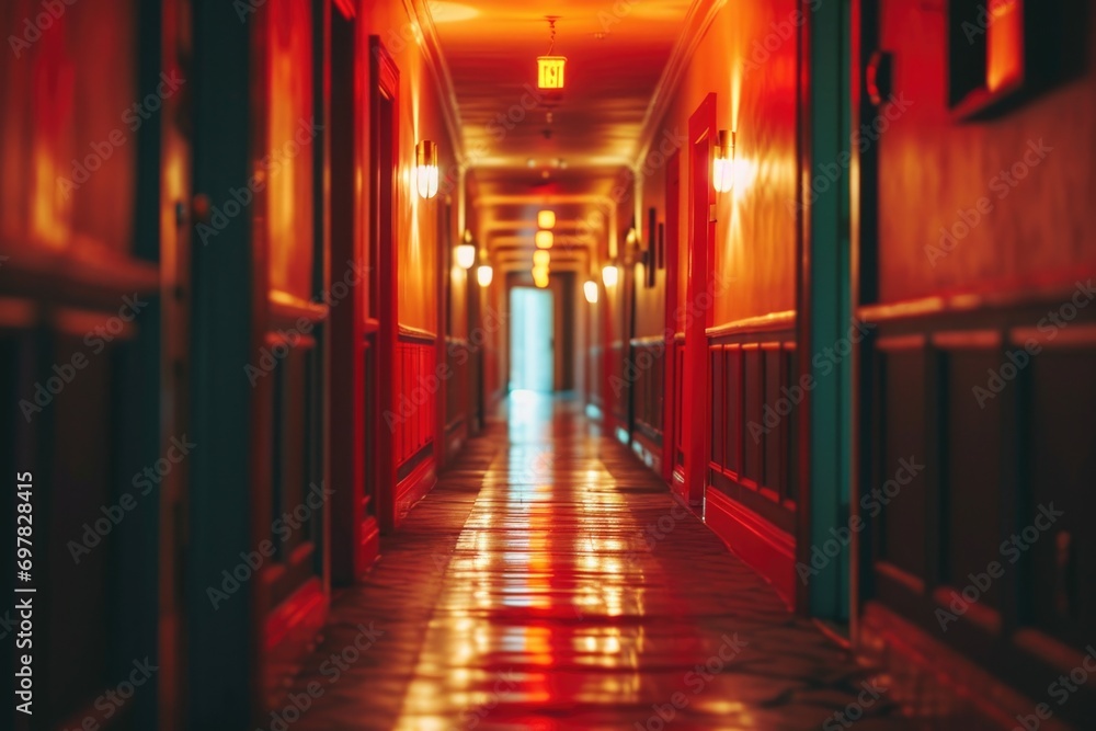 Poster a long hallway with red walls and bright lights. ideal for use in architectural or interior design p