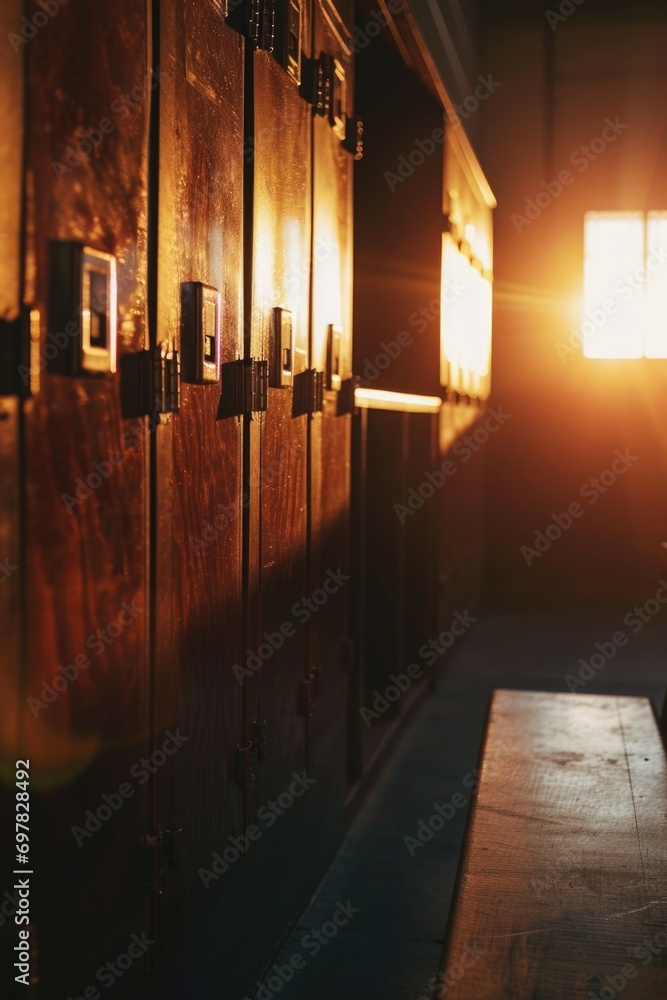 Aufkleber Wooden lockers lined up in a dark room. Versatile image suitable for various concepts and themes