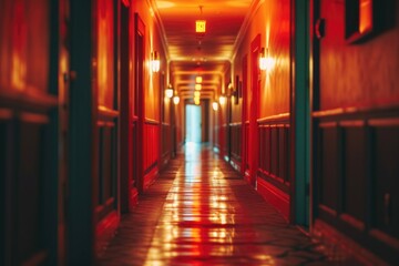 A long hallway with red walls and bright lights. Ideal for use in architectural or interior design projects