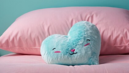  a close up of a pillow on a bed with a stuffed animal in the middle of the pillow and a pillow on the back of the head of the pillow.