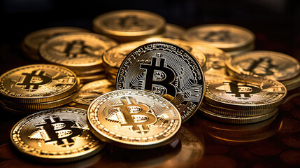 A mountain of gold coins cryptocurrency bitcoin, finance the rise of e-money