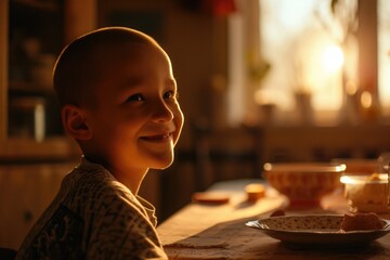 A young boy sitting at a table with a plate of food. Suitable for various food-related concepts - obrazy, fototapety, plakaty
