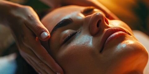 A woman receiving a relaxing facial massage at a spa. Ideal for promoting self-care and beauty...