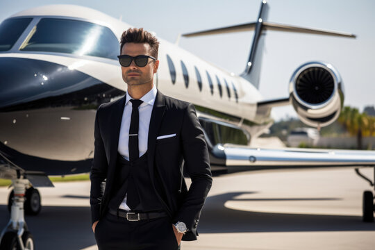 Portrait of male pilot in business suit, businessman near the plane