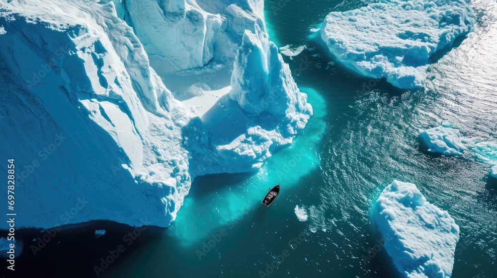 Poster a person in a kayak navigating through a body of water surrounded by towering icebergs. perfect for 
