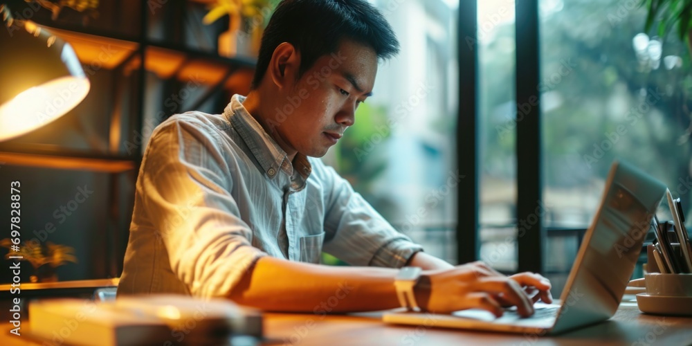 Poster a man sitting at a table using a laptop computer. suitable for technology and work-related themes