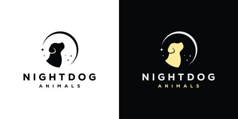 Minimal Night Dog Logo. Crescent Moon Star and Dog Head Logo Design Template. - obrazy, fototapety, plakaty