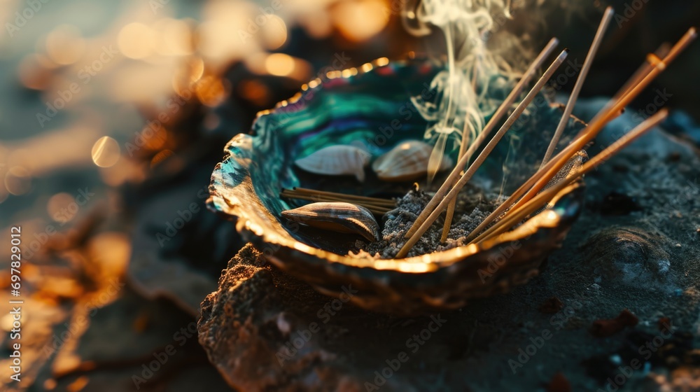 Poster incense sticks placed in a bowl on a rock. ideal for creating a peaceful and calming atmosphere.