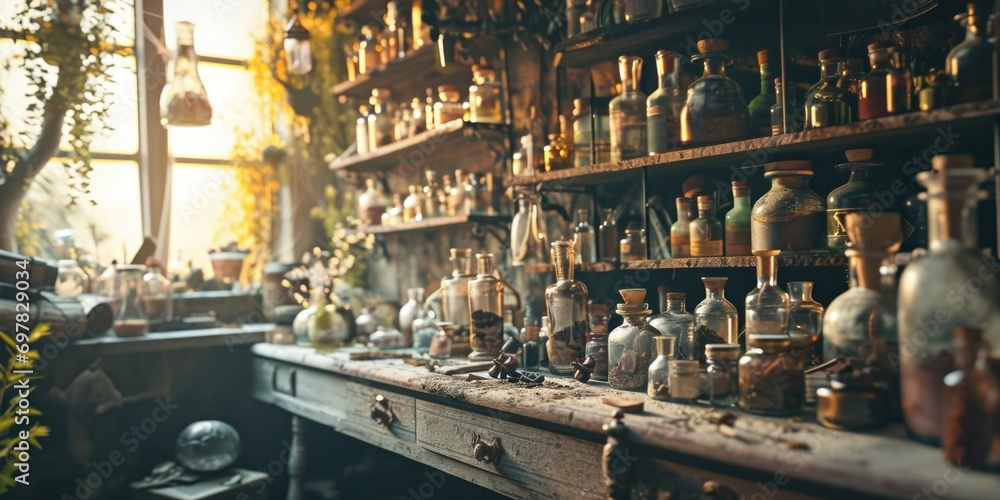 Aufkleber A collection of bottles displayed neatly on a shelf in a room. Suitable for various purposes