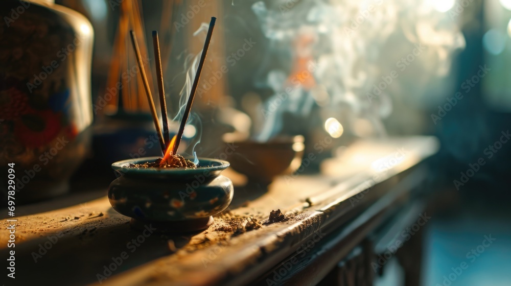 Aufkleber a simple and elegant image of a bowl of incense sticks placed on top of a table. perfect for creatin
