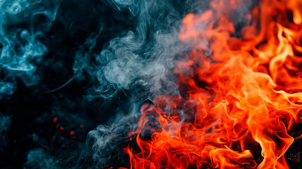 Fototapeta premium Black background with smoke and bright tongues of fire, free space for text. photo image for hot sales. Generative AI