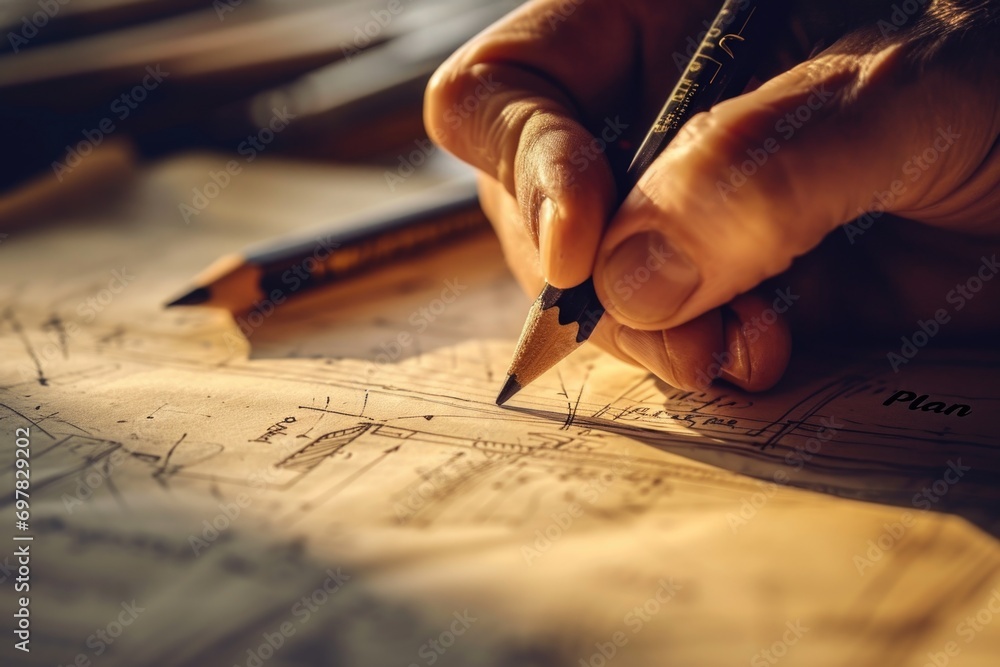 Poster A person is captured in the act of writing on a piece of paper using a pencil. This versatile image can be used in various contexts