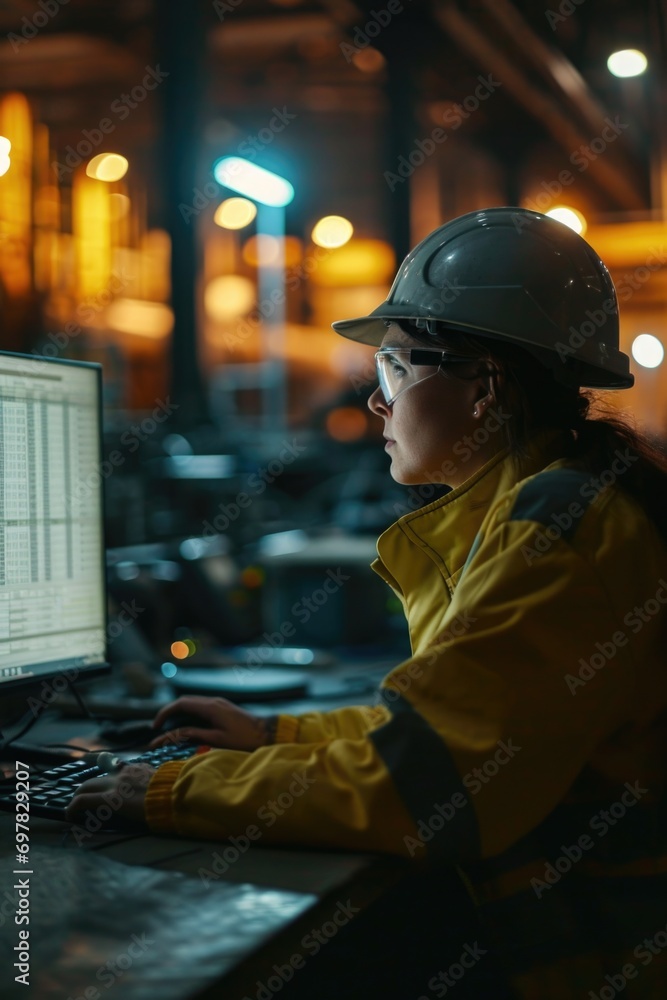 Poster A woman wearing a hard hat and glasses is diligently working on a computer. This image can be used to portray a professional working in a construction or engineering environment