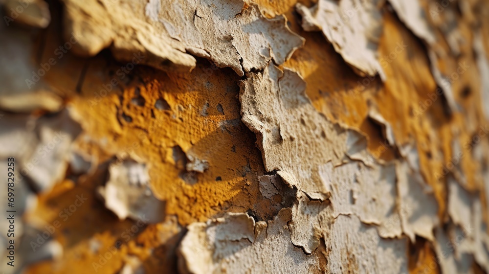 Poster Close-up view of peeling paint on a tree. Suitable for various design projects and nature-themed concepts