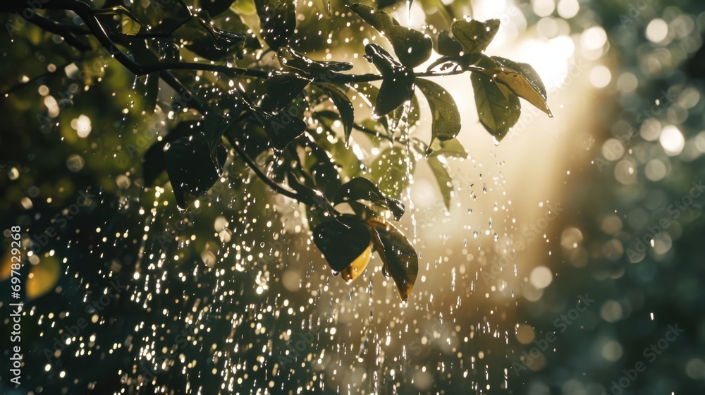 Poster a detailed close-up view of a tree branch with water droplets glistening in the light. perfect for n