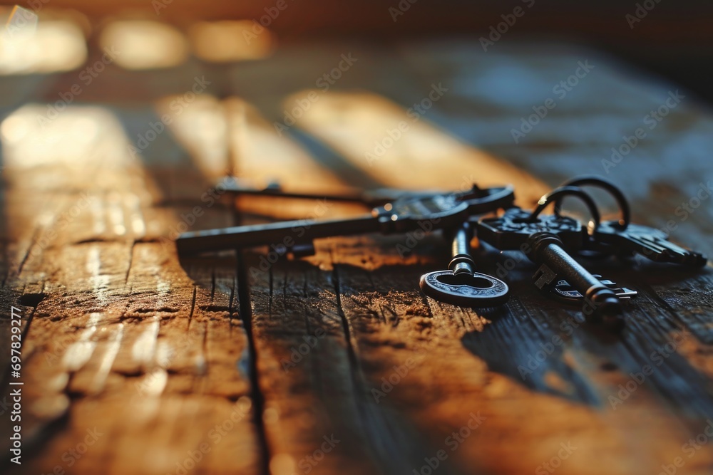 Poster A bunch of keys sitting on top of a wooden table. Suitable for various concepts and themes