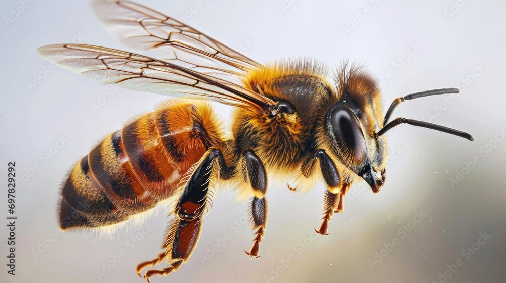 Poster A close up photograph capturing the detailed movement of a bee flying through the air. This image can be used to illustrate the beauty of nature and the intricate flight patterns of bees