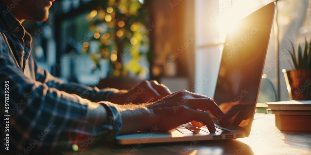 Poster a man is typing on a laptop computer. this image can be used to depict modern technology, remote wor