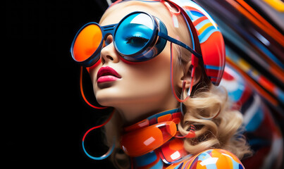 Futuristic cyber woman with vibrant abstract patterns, modernistic accessories and eyewear, concept...