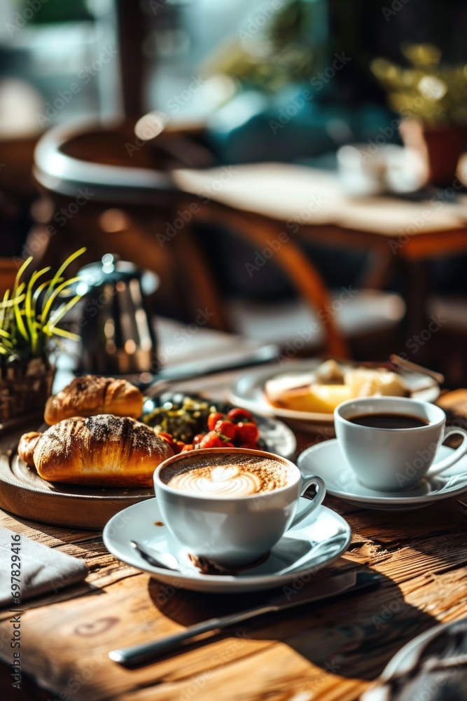 Poster a table filled with delicious food and steaming cups of coffee. perfect for restaurant menus or food