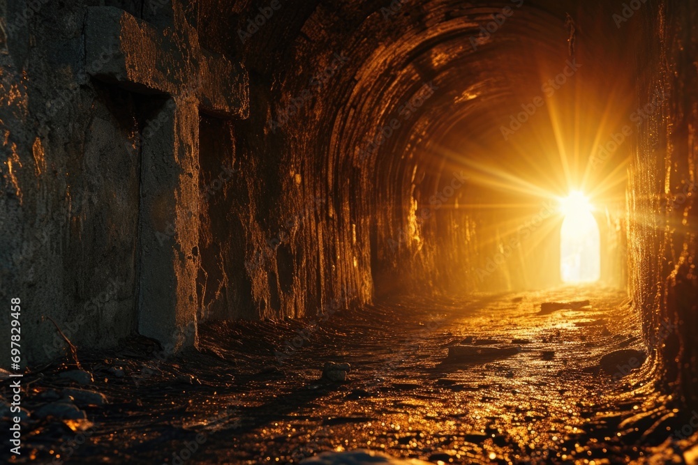 Poster a tunnel with a light at the end. suitable for depicting hope, new beginnings, and overcoming obstac