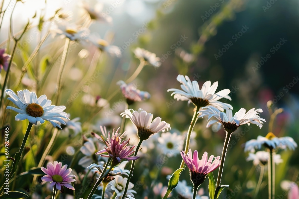 Poster a beautiful field filled with white and pink flowers. perfect for adding a touch of nature to any pr