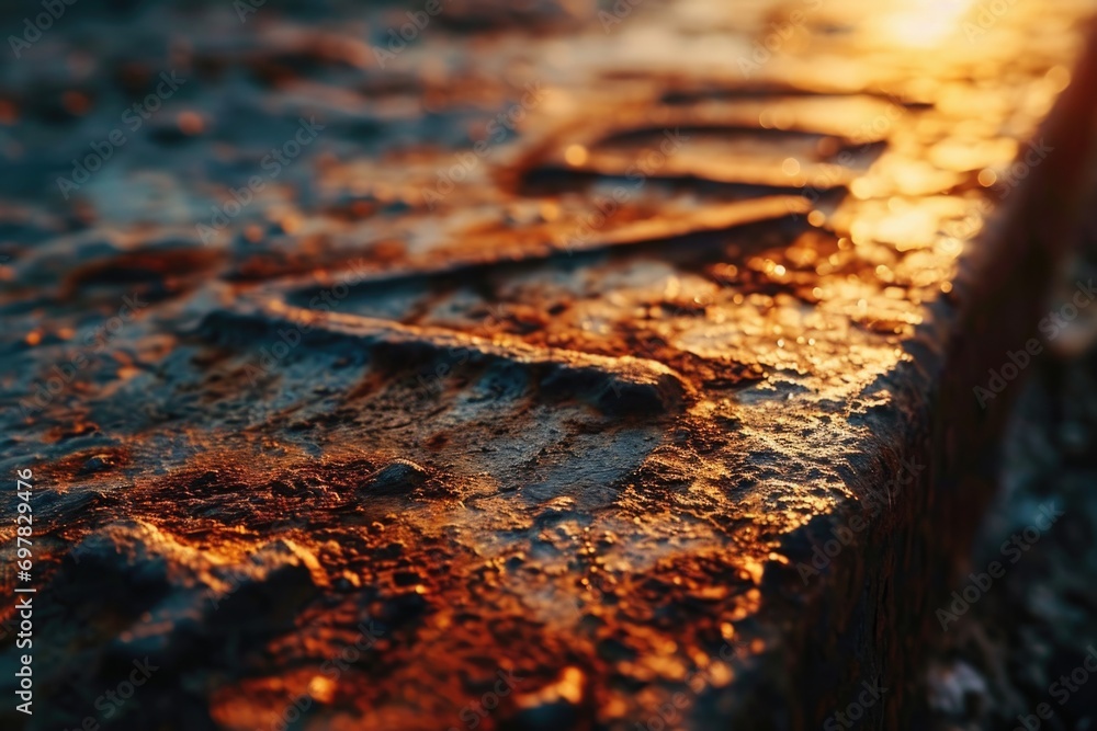 Poster A close-up view of a metal surface with a beautiful sunset in the background. Perfect for adding a touch of elegance and warmth to any design or project