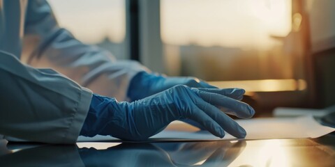 A person in a lab coat and gloves is typing on a piece of paper. Suitable for scientific research, documentation, and laboratory work