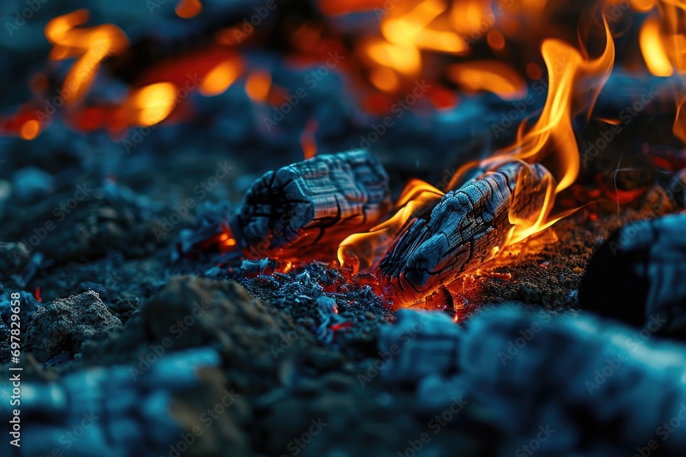Poster Close up view of fiery flames. This captivating image can be used to depict concepts such as heat, energy, danger, destruction, or passion.